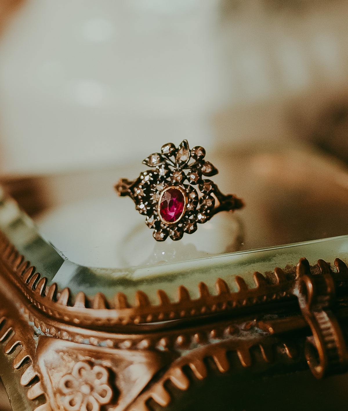 Georgian Ruby & Rose-Cut Diamond Heart Ring in 18K Gold with Floral Like Crown