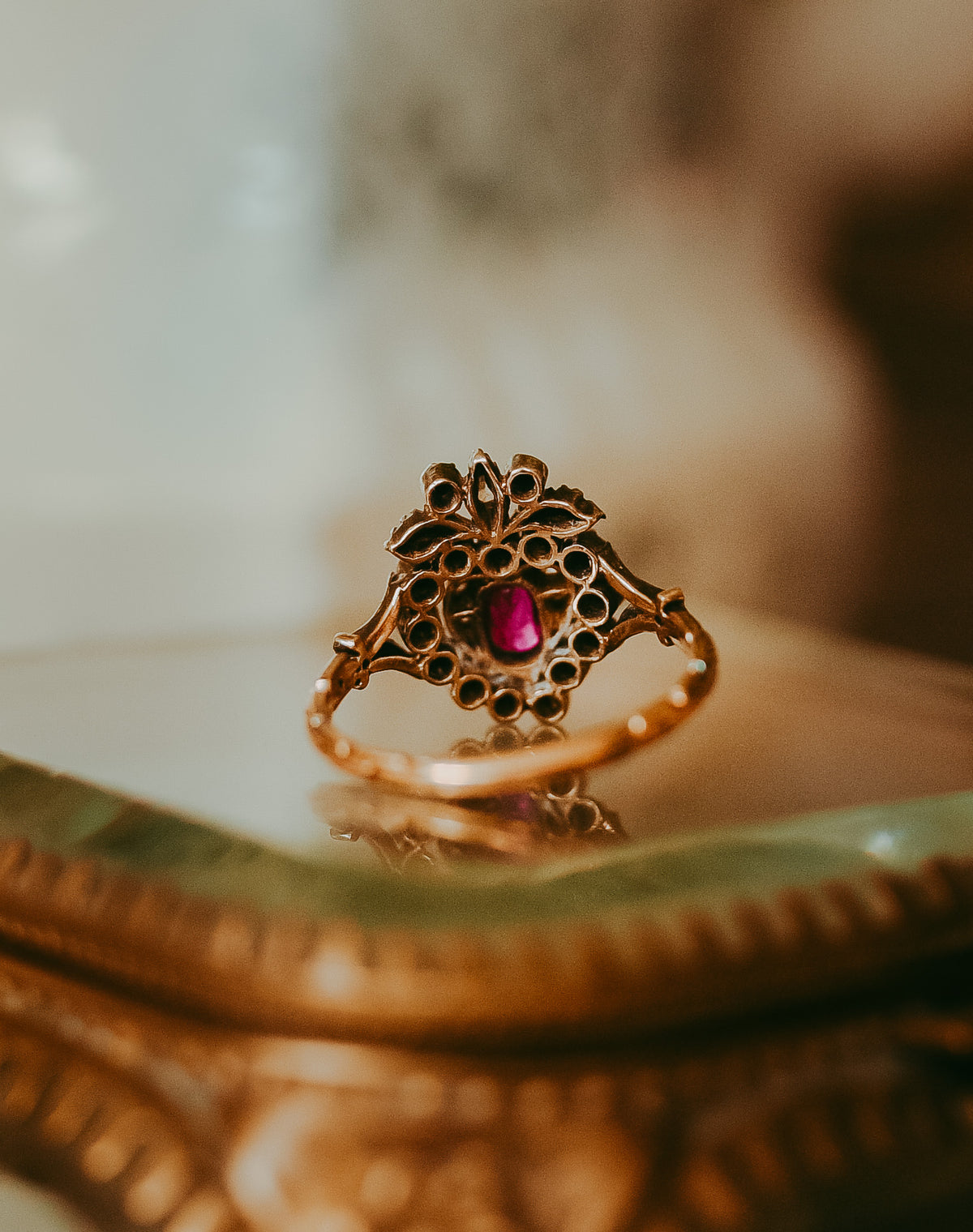 Georgian Ruby & Rose-Cut Diamond Heart Ring in 18K Gold with Floral Like Crown