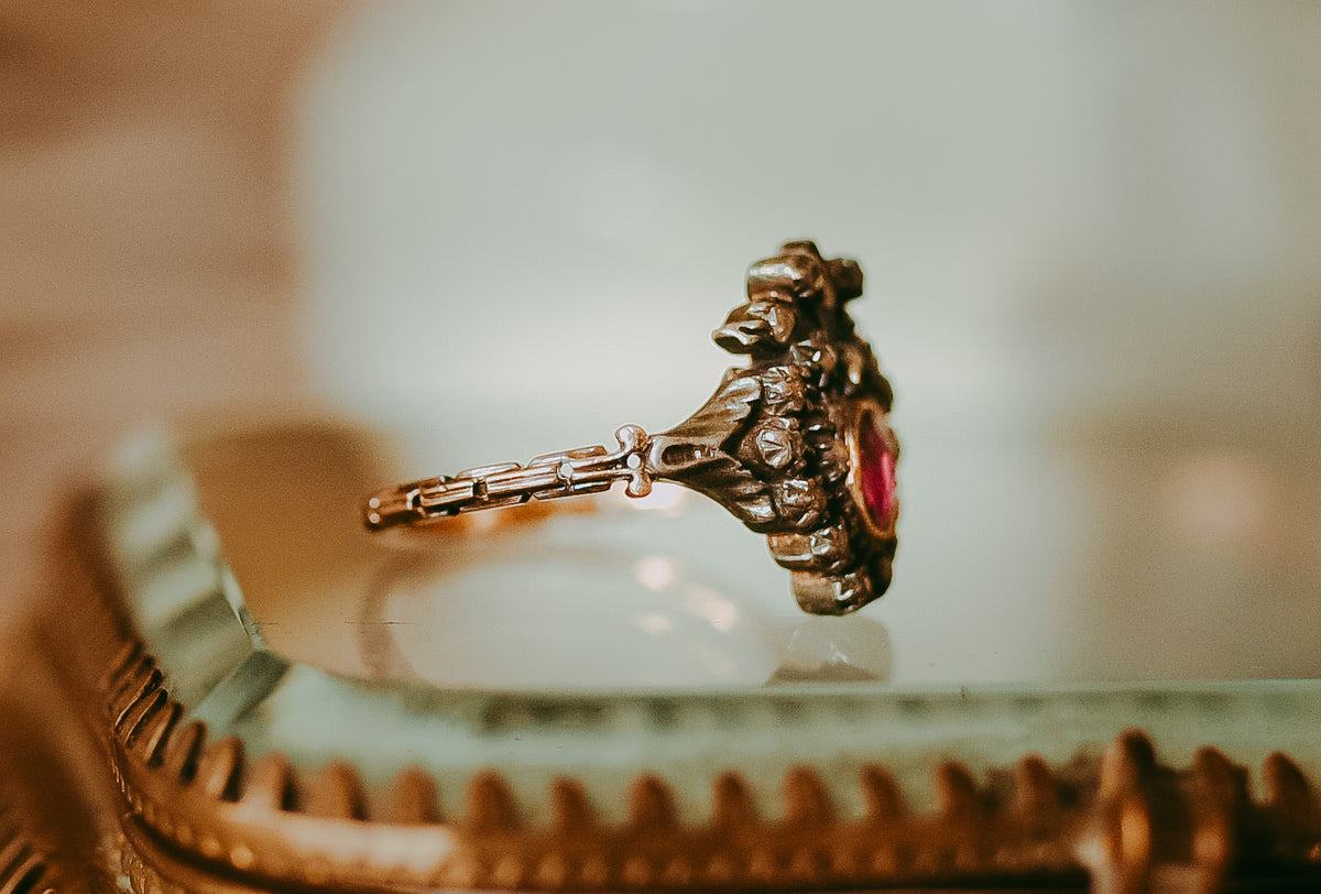 Georgian Ruby & Rose-Cut Diamond Heart Ring in 18K Gold with Floral Like Crown