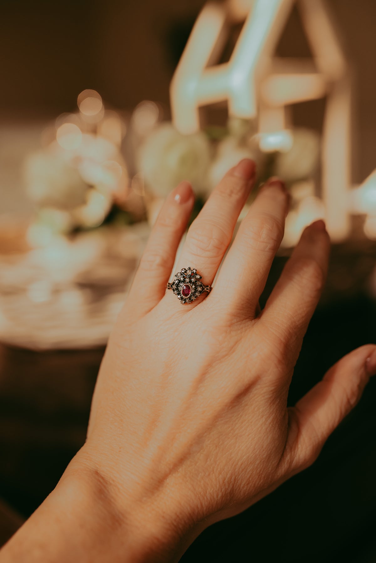 Georgian Ruby & Rose-Cut Diamond Heart Ring in 18K Gold with Floral Like Crown