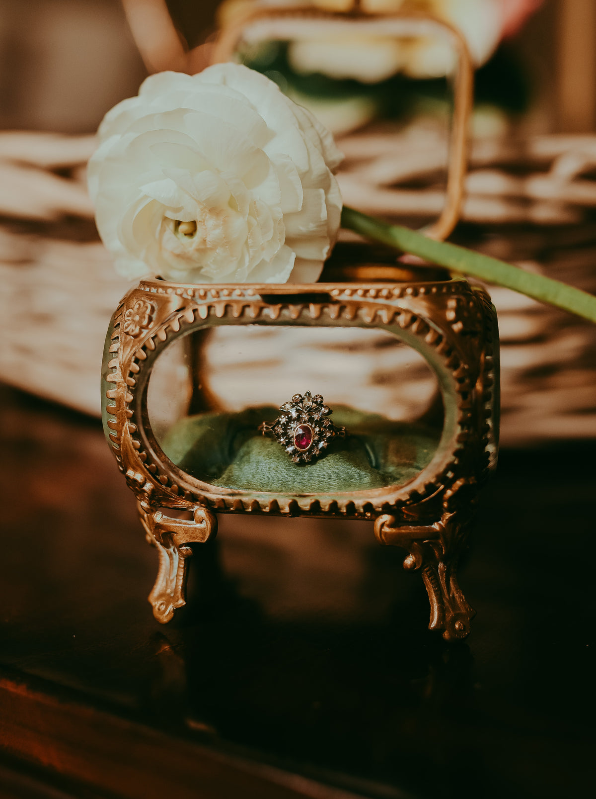 Georgian Ruby & Rose-Cut Diamond Heart Ring in 18K Gold with Floral Like Crown