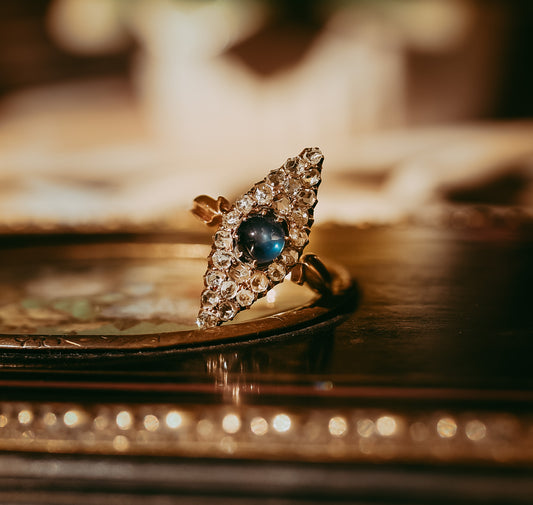 Late 19th Century Victorian Sapphire Cabochon & Rose-Cut Diamond Navette Ring in 18K Yellow Gold