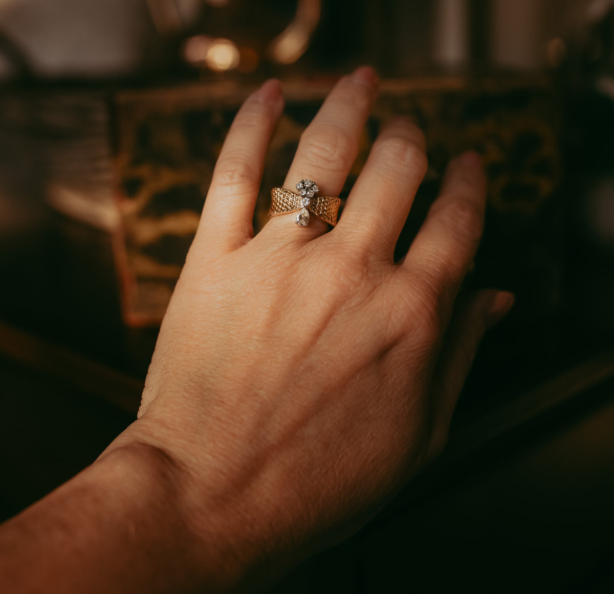 Vintage Sculptural Diamond Band in 14K Gold | Pear and Round Cut Diamonds | circa 1960s