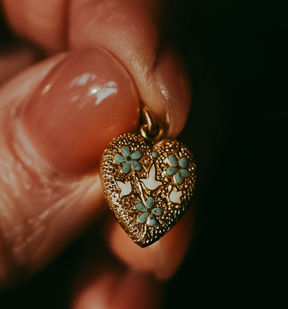Antique Victorian Blue & White Enamel Heart Pendant in 14K Gold