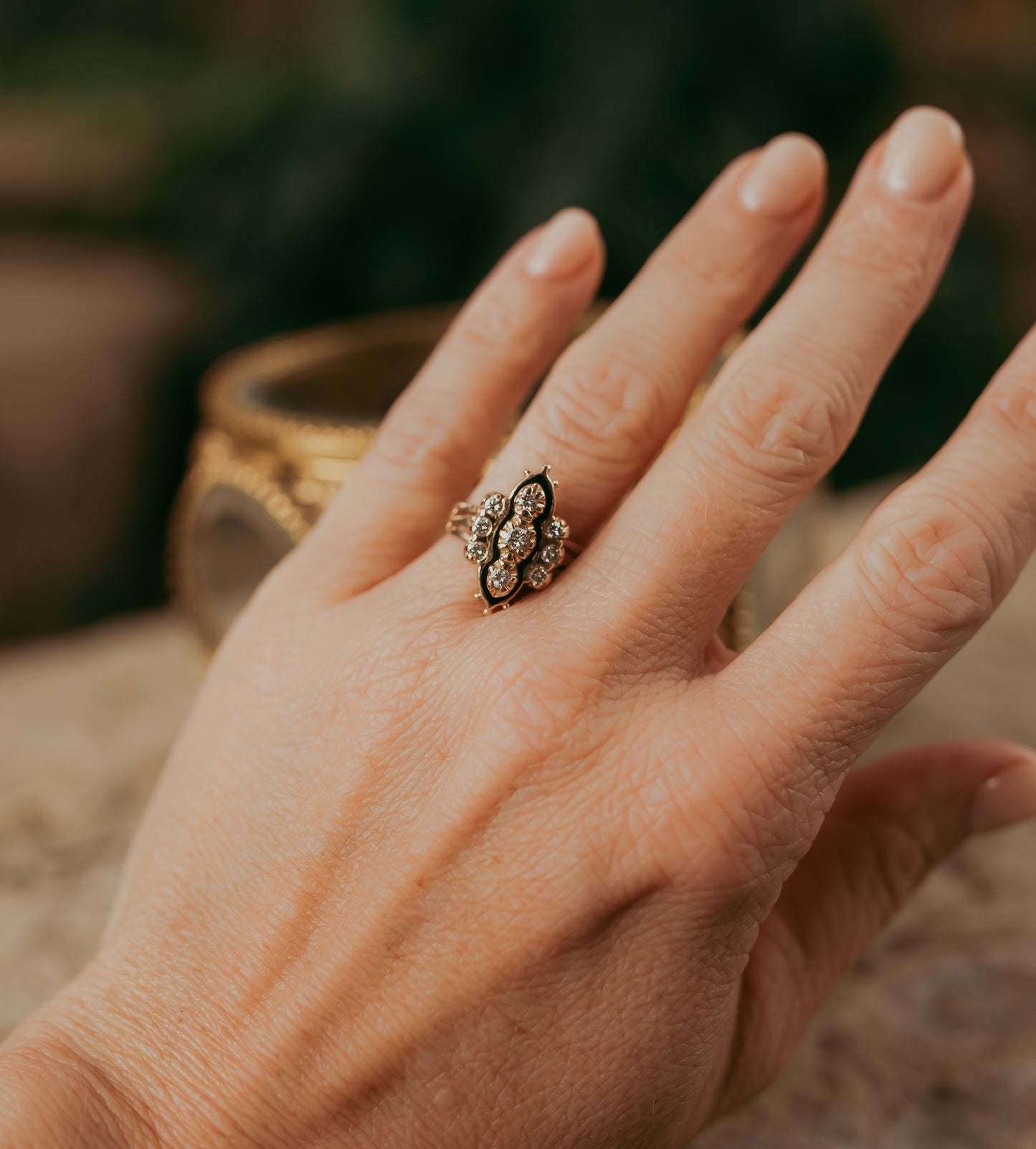 My Darling Juliet | Vintage 14K Gold Navette-Style Diamond & Enamel Ring