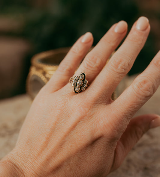 My Darling Juliet | Vintage 14K Gold Navette-Style Diamond & Enamel Ring