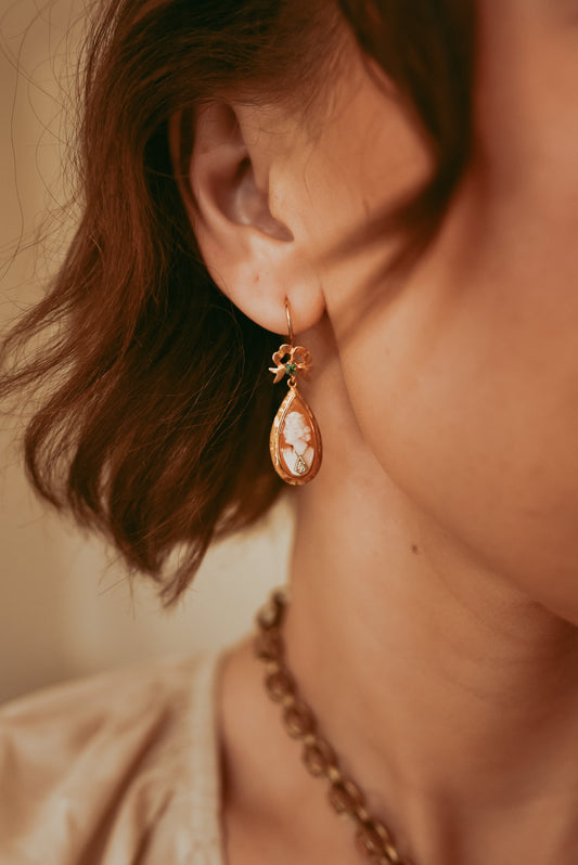 My Darling Juliet | Victorian 14K Gold, Diamond, Emerald & Cameo Earrings