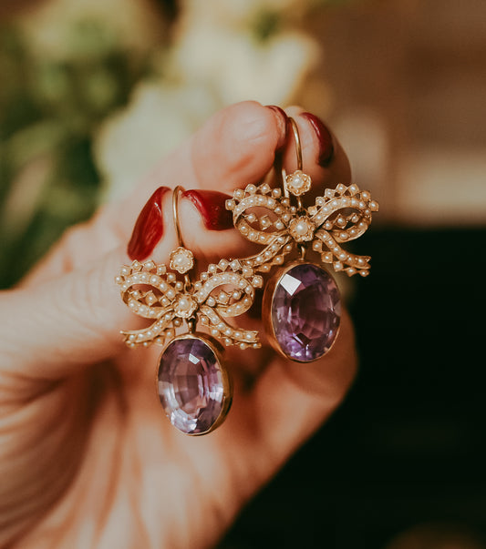 My Darling Juliet | Early Victorian Lavender Amethyst & Seed Pearl Bow Earrings