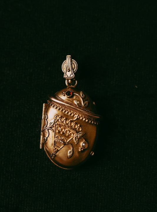 My Darling Juliet | Victorian Etruscan Revival Gold-Filled Locket with Red Stone & Seed Pearl, c. 1860