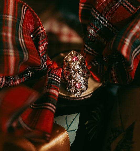 My Darling Juliet | Antique Edwardian–Art Deco Natural Ruby & Diamond Navette Filigree Ring in 14K White Gold
