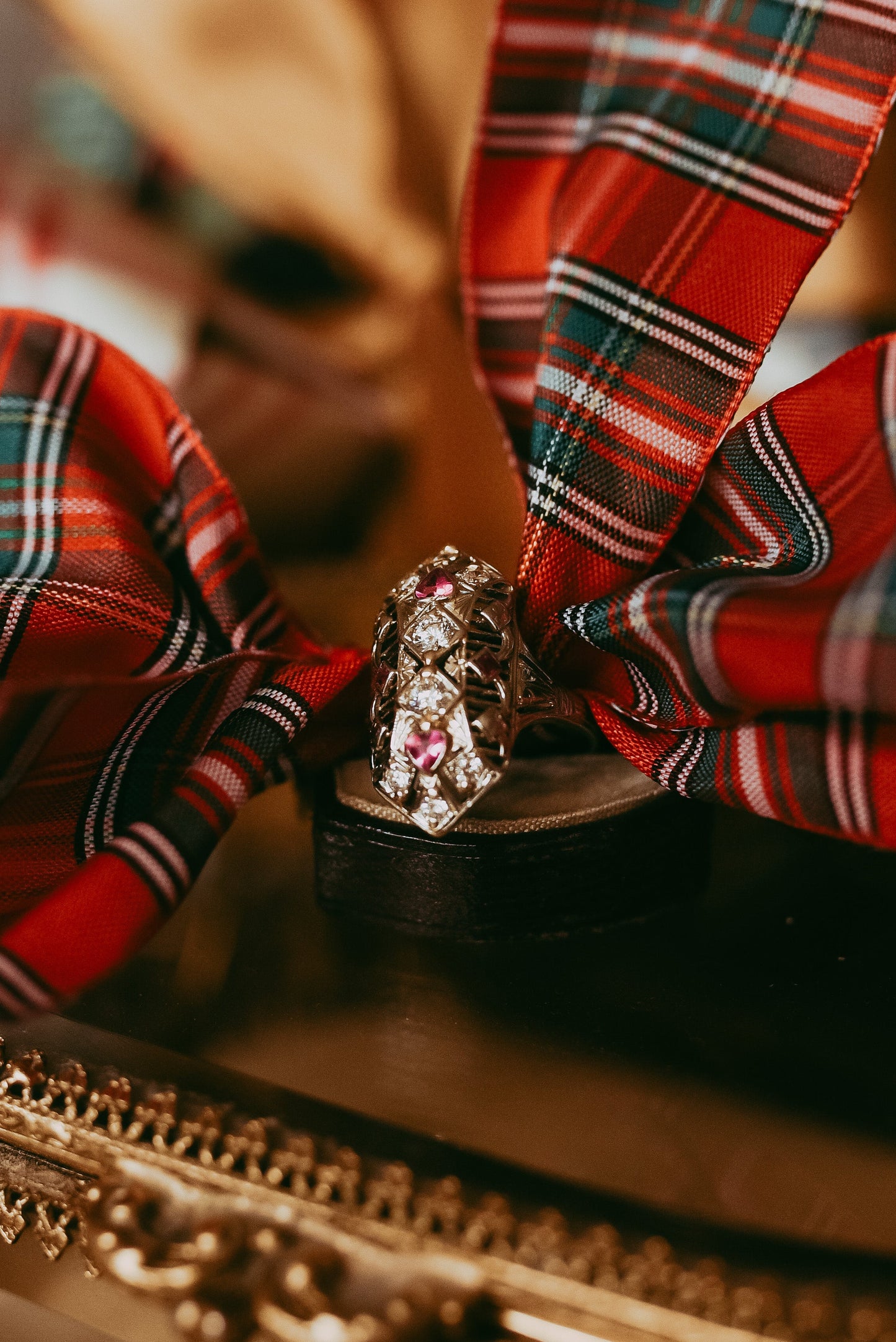 My Darling Juliet | Antique Edwardian–Art Deco Natural Ruby & Diamond Navette Filigree Ring in 14K White Gold