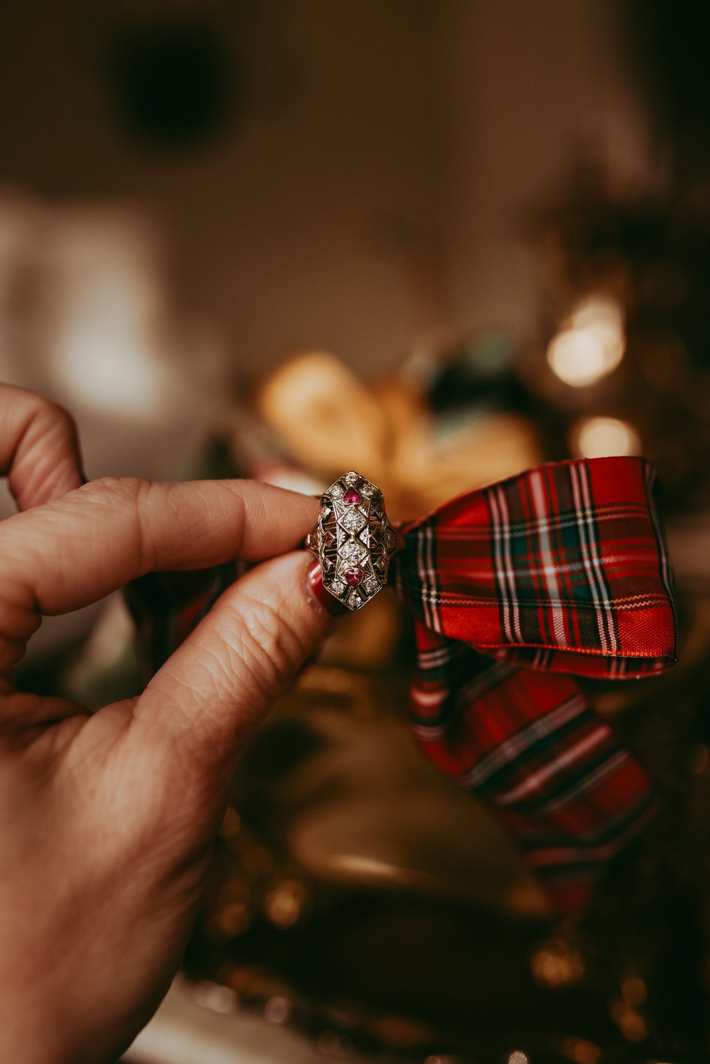 My Darling Juliet | Antique Edwardian–Art Deco Natural Ruby & Diamond Navette Filigree Ring in 14K White Gold