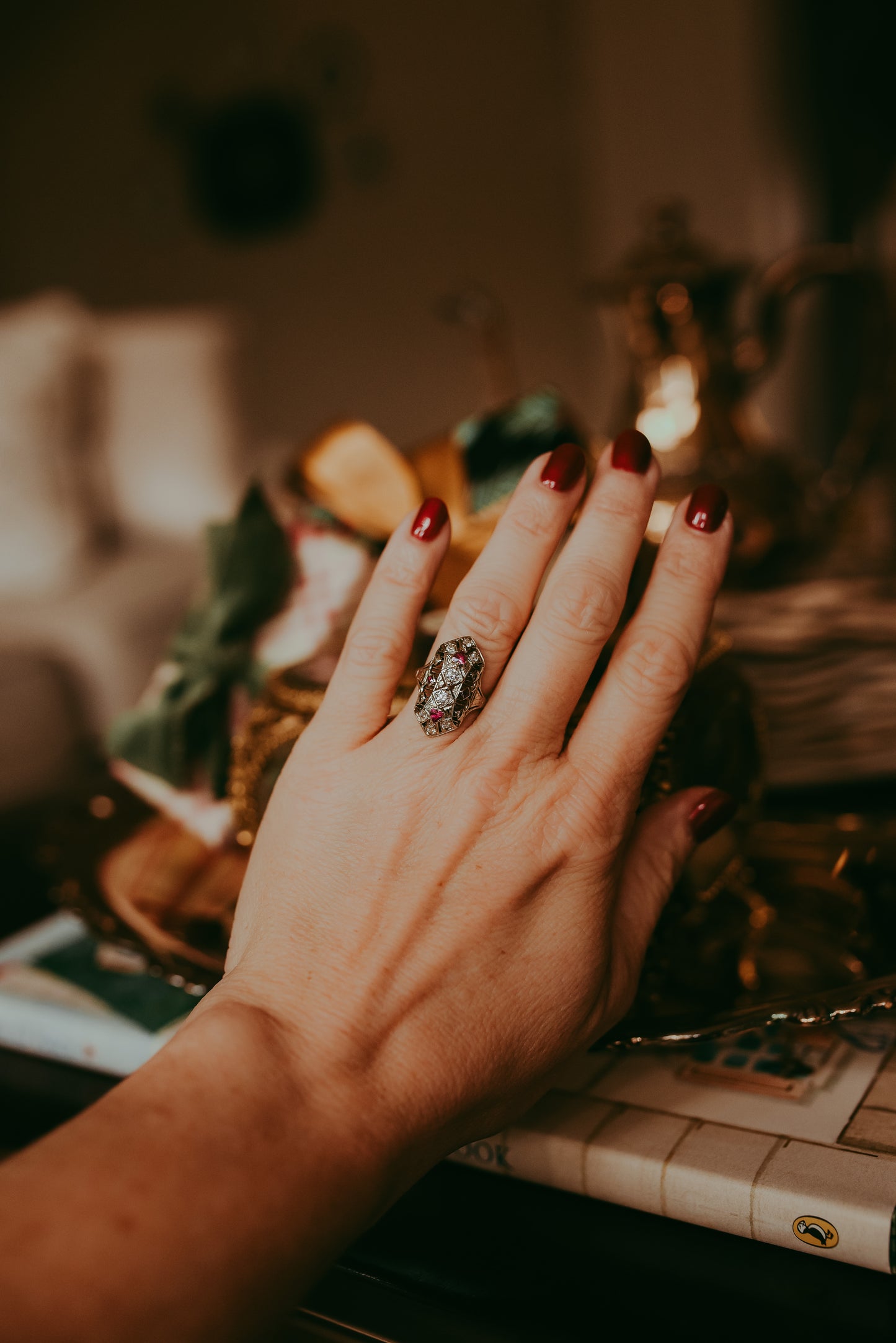 My Darling Juliet | Antique Edwardian–Art Deco Natural Ruby & Diamond Navette Filigree Ring in 14K White Gold