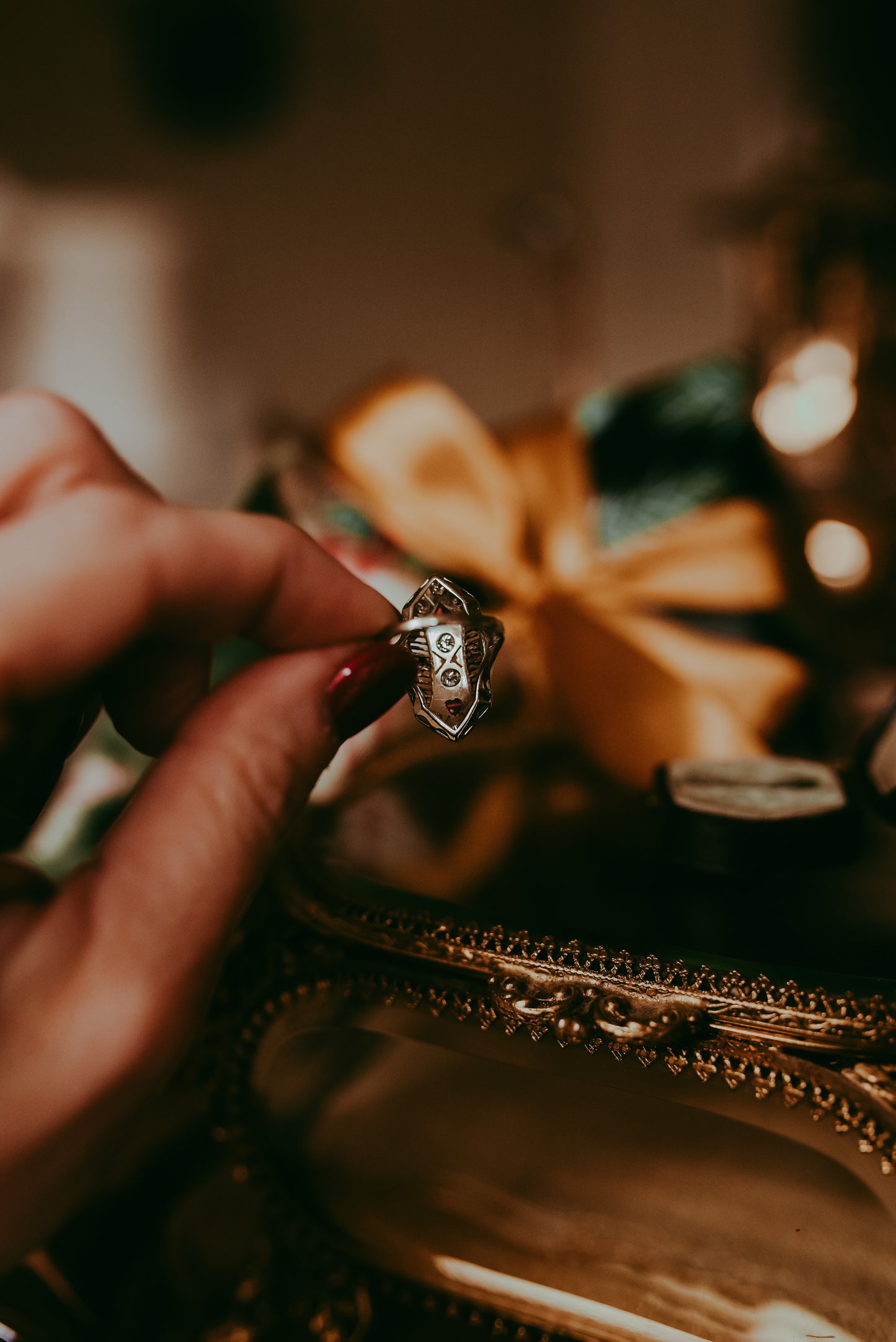 My Darling Juliet | Antique Edwardian–Art Deco Natural Ruby & Diamond Navette Filigree Ring in 14K White Gold