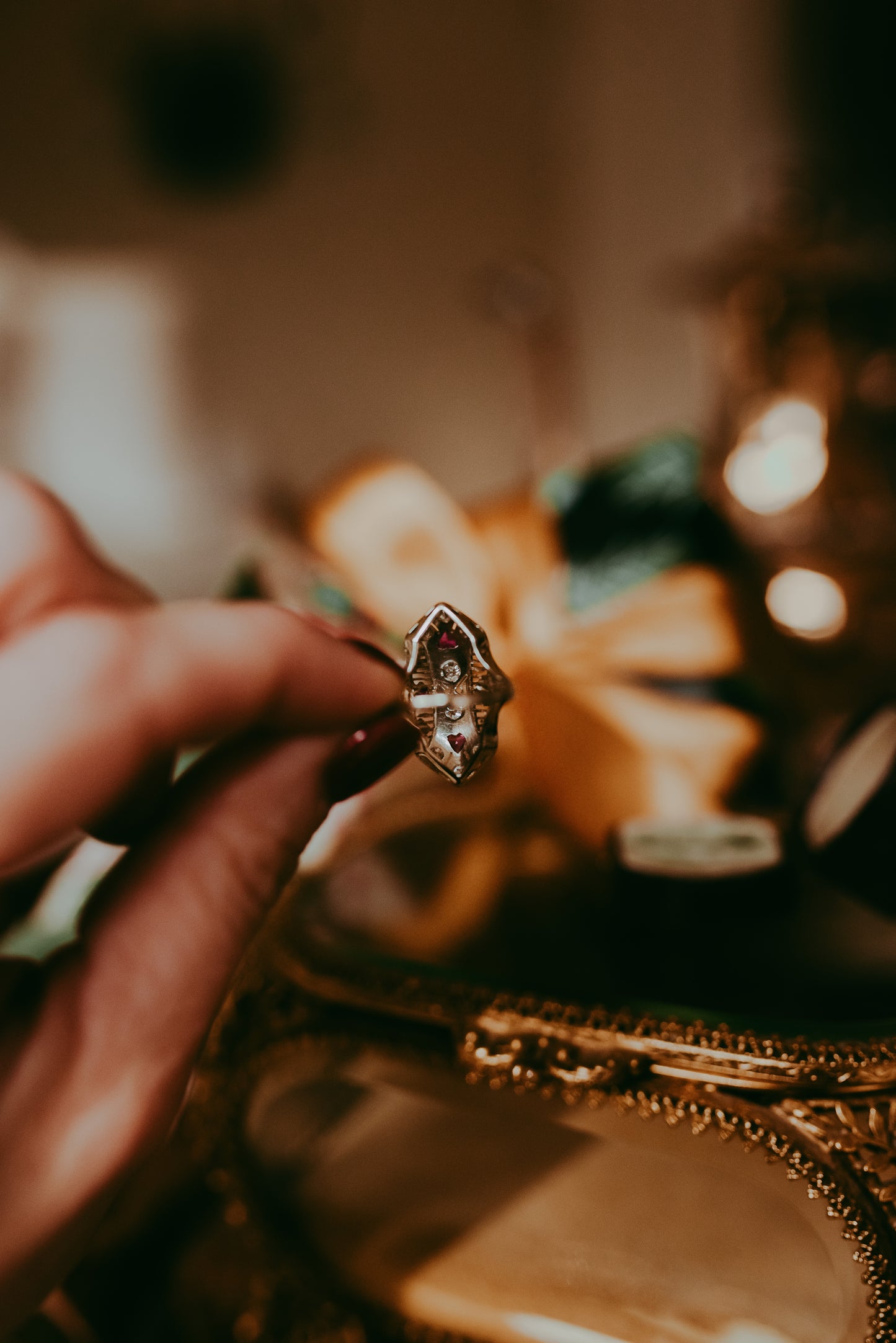 My Darling Juliet | Antique Edwardian–Art Deco Natural Ruby & Diamond Navette Filigree Ring in 14K White Gold
