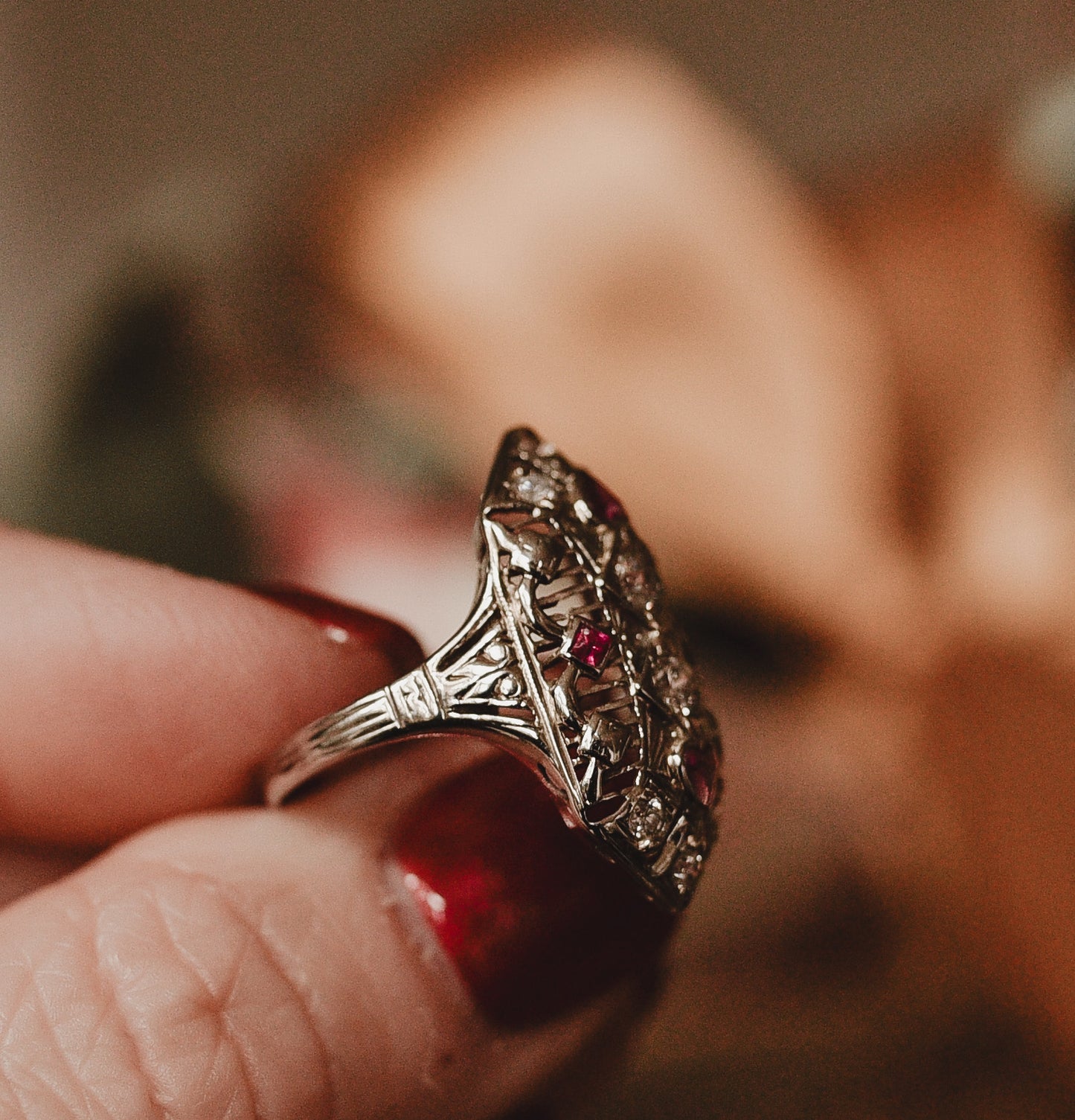 My Darling Juliet | Antique Edwardian–Art Deco Natural Ruby & Diamond Navette Filigree Ring in 14K White Gold