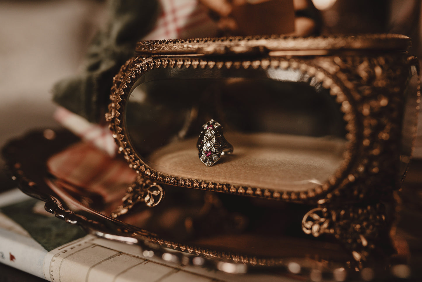 My Darling Juliet | Antique Edwardian–Art Deco Natural Ruby & Diamond Navette Filigree Ring in 14K White Gold