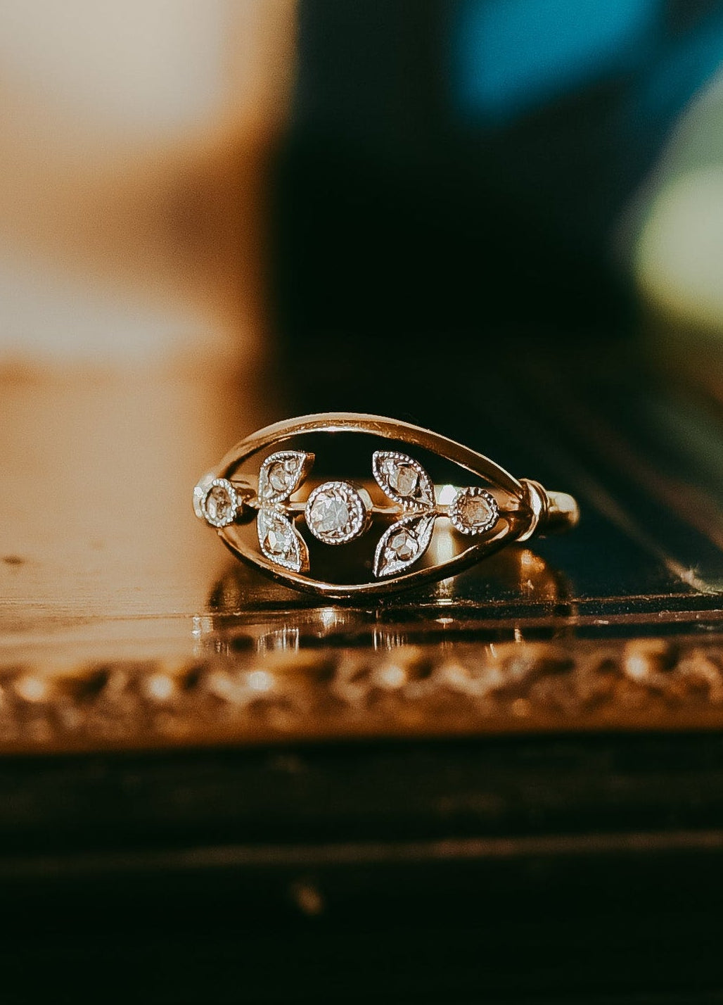 French Belle Epoque Floral Diamond Ring Platinum & 18K Gold Rose Cut Diamonds