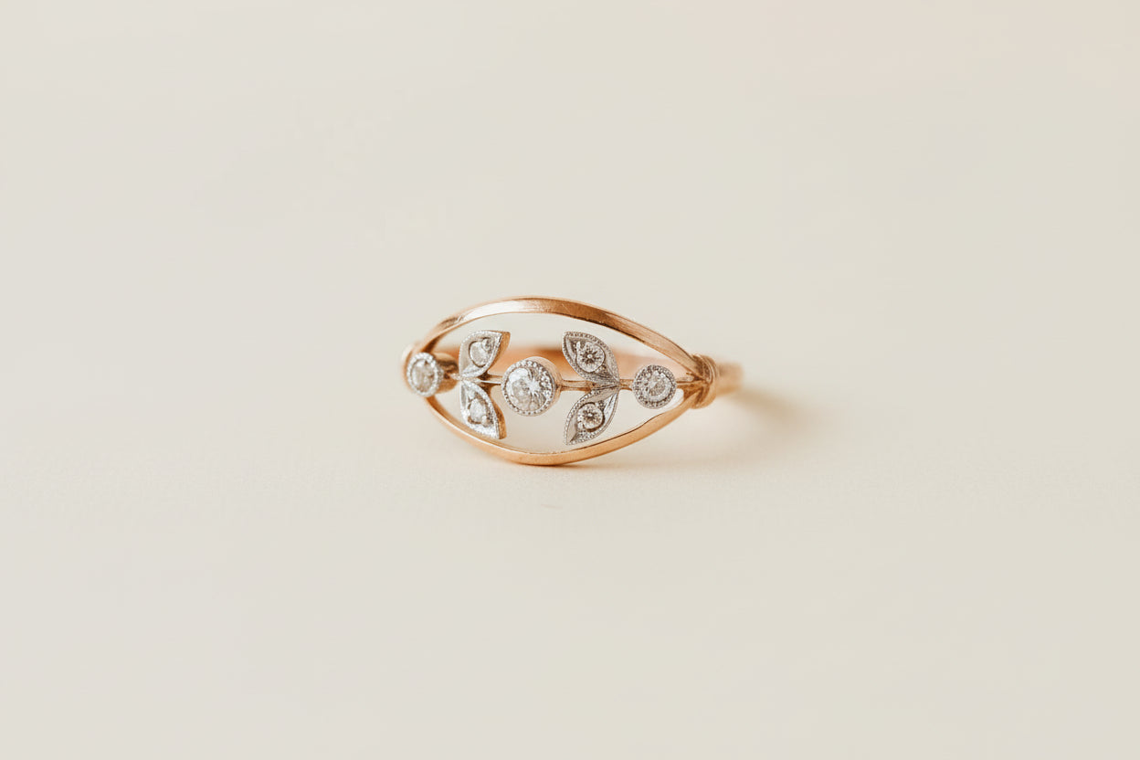 French Belle Epoque Floral Diamond Ring Platinum & 18K Gold Rose Cut Diamonds