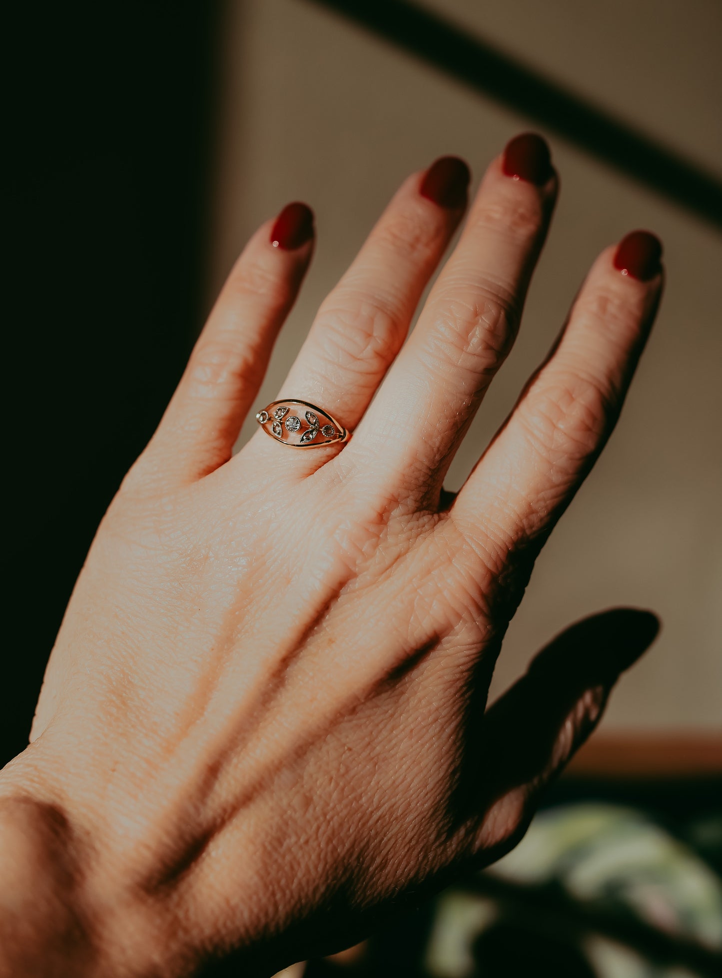 French Belle Epoque Floral Diamond Ring Platinum & 18K Gold Rose Cut Diamonds