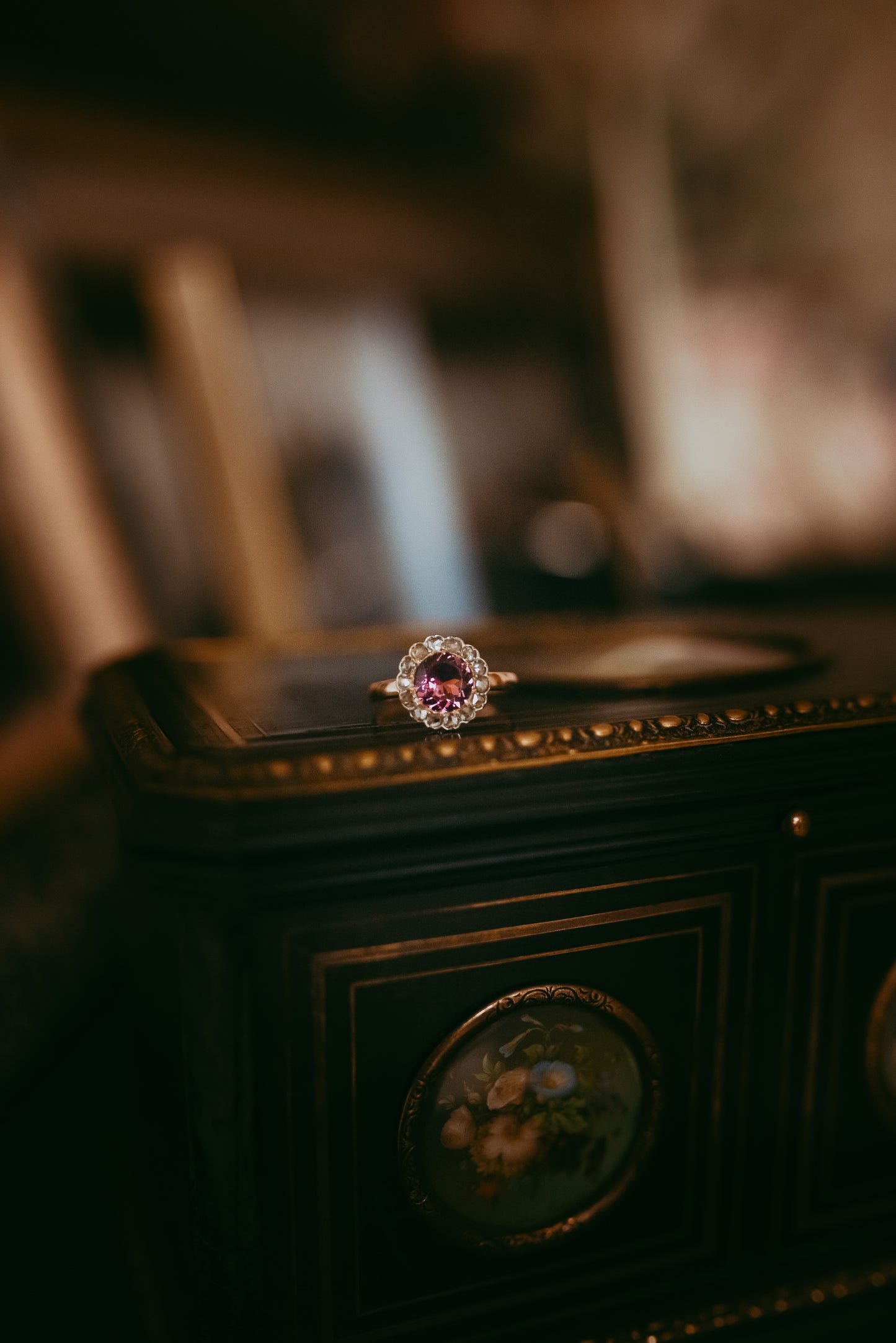 Pink Tourmaline Rose Cut Diamond Halo Ring 14K Gold Estate Jewelry