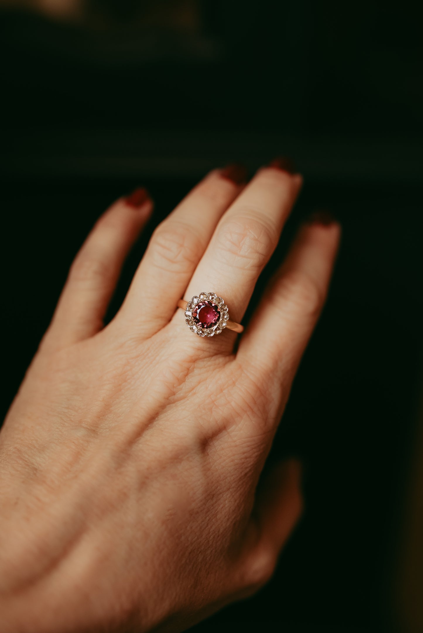 Pink Tourmaline Rose Cut Diamond Halo Ring 14K Gold Estate Jewelry