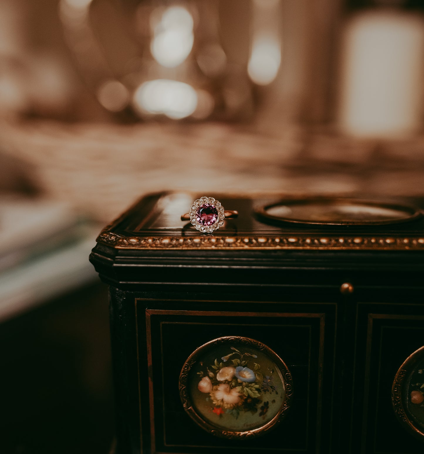 Pink Tourmaline Rose Cut Diamond Halo Ring 14K Gold Estate Jewelry