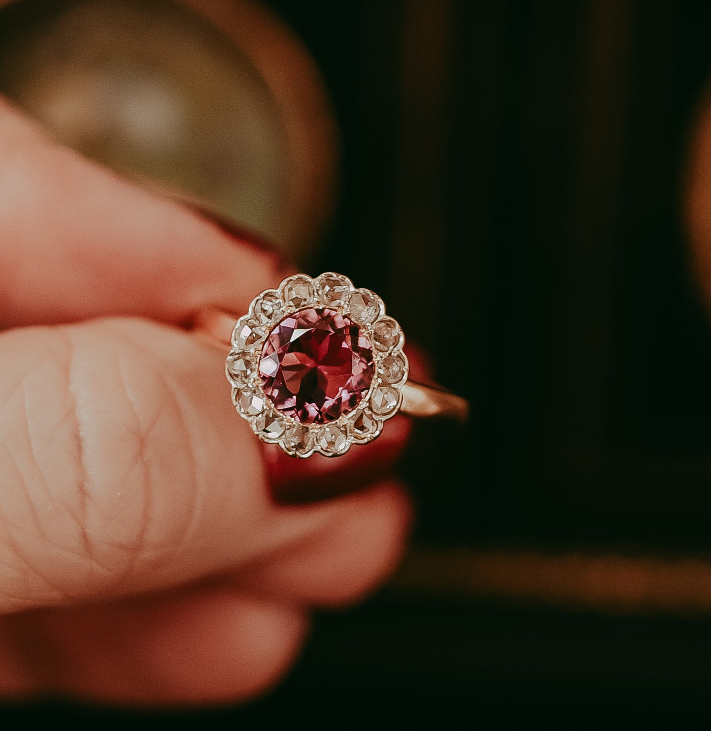 Pink Tourmaline Rose Cut Diamond Halo Ring 14K Gold Estate Jewelry