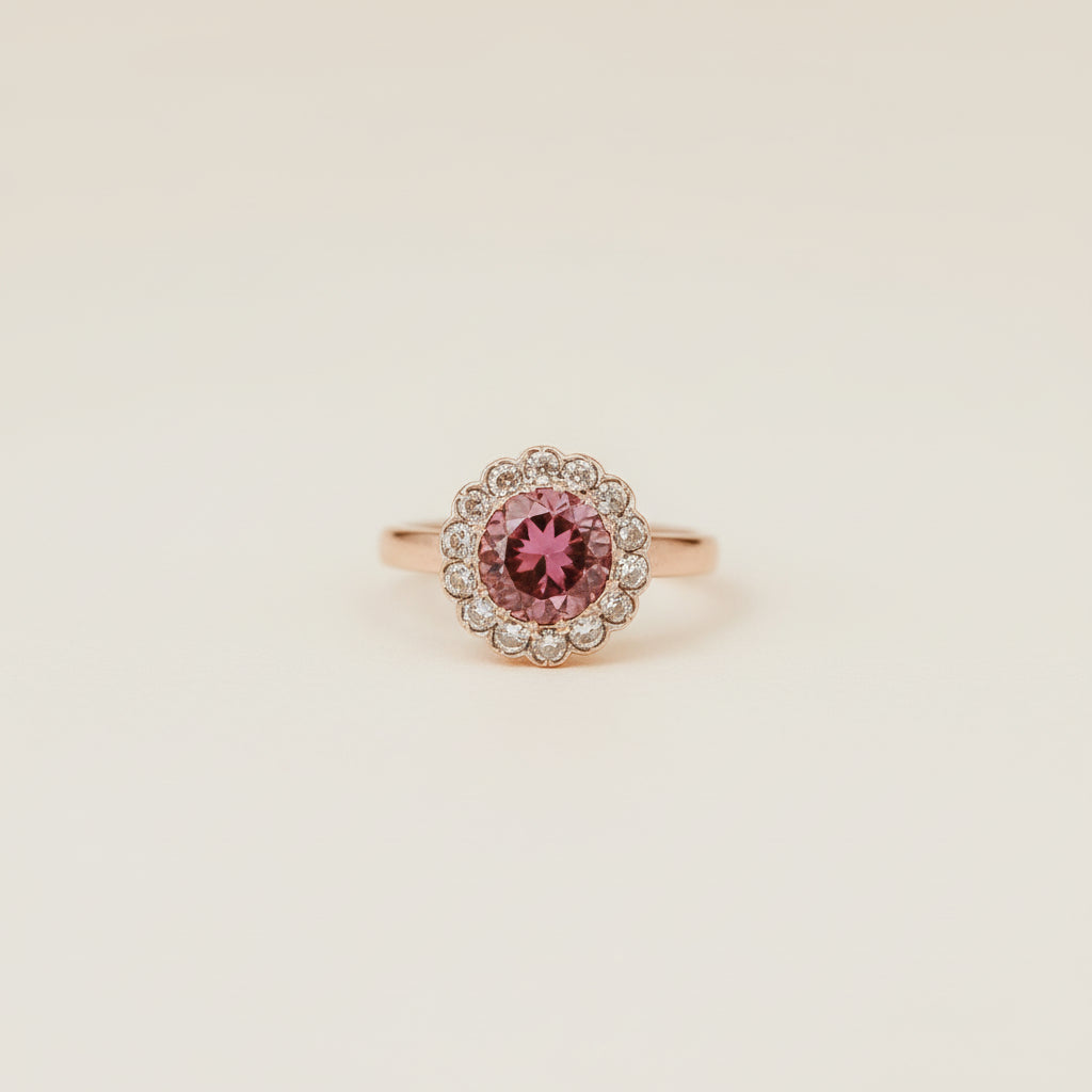 Pink Tourmaline Rose Cut Diamond Halo Ring 14K Gold Estate Jewelry
