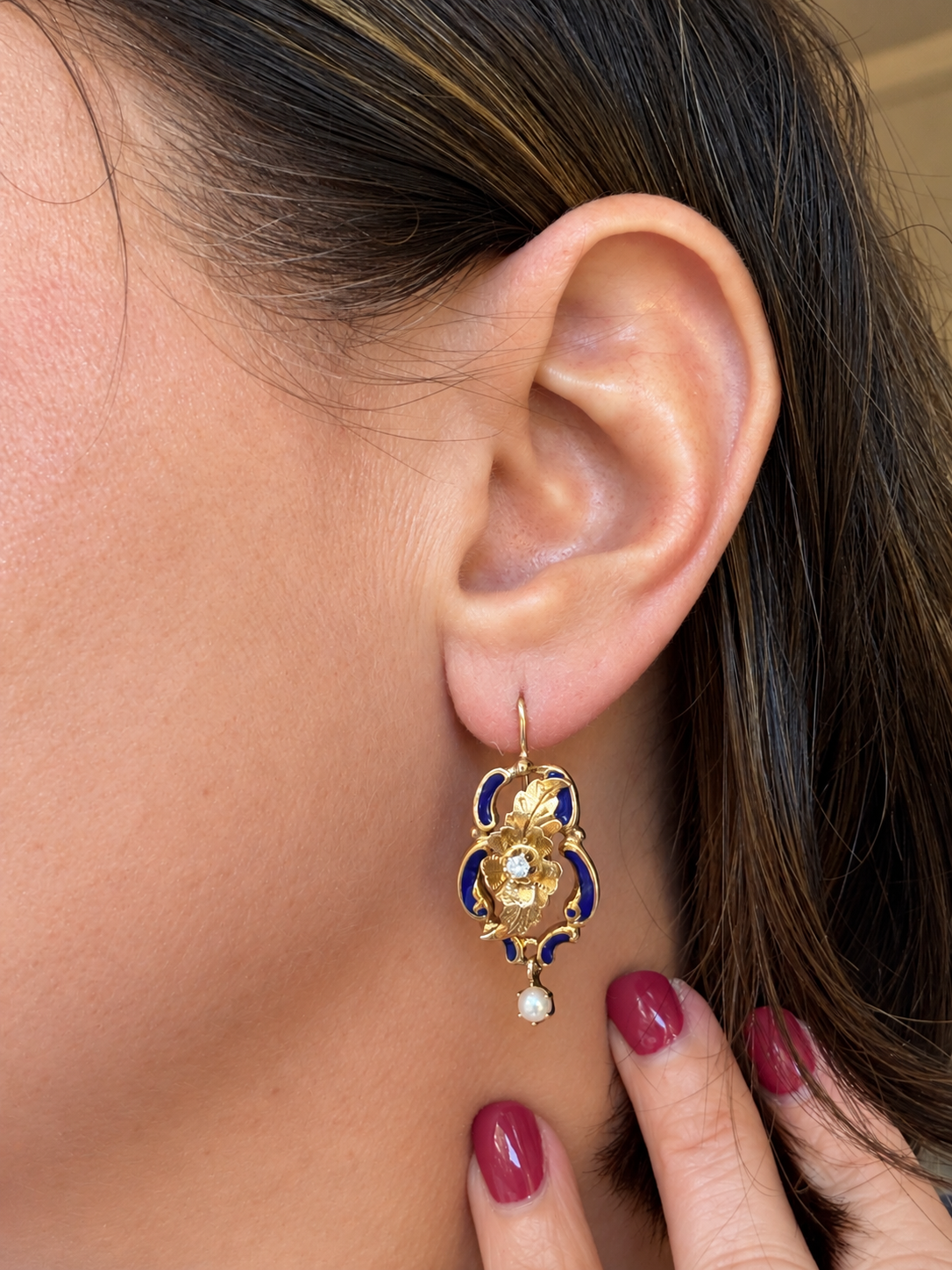Vintage 14K Gold Blue Enamel Floral Drop Earrings with Pearls & Diamonds, circa 1930