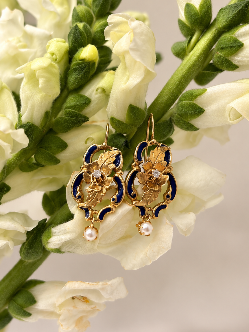 Vintage 14K Gold Blue Enamel Floral Drop Earrings with Pearls & Diamonds, circa 1930