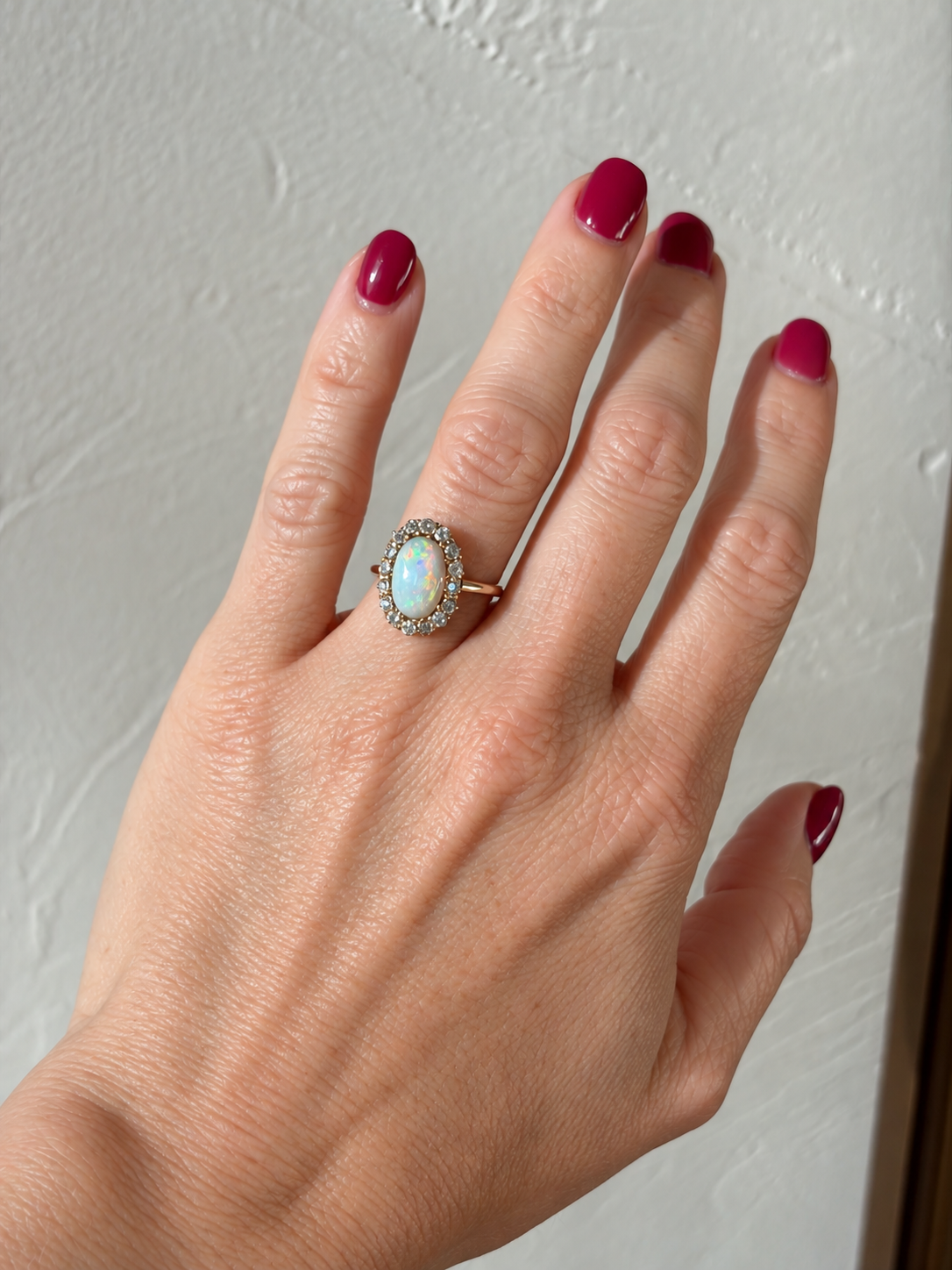 Antique Victorian Opal & Diamond Ring in 14K Gold, c. 1890 Cushion Cut Diamonds
