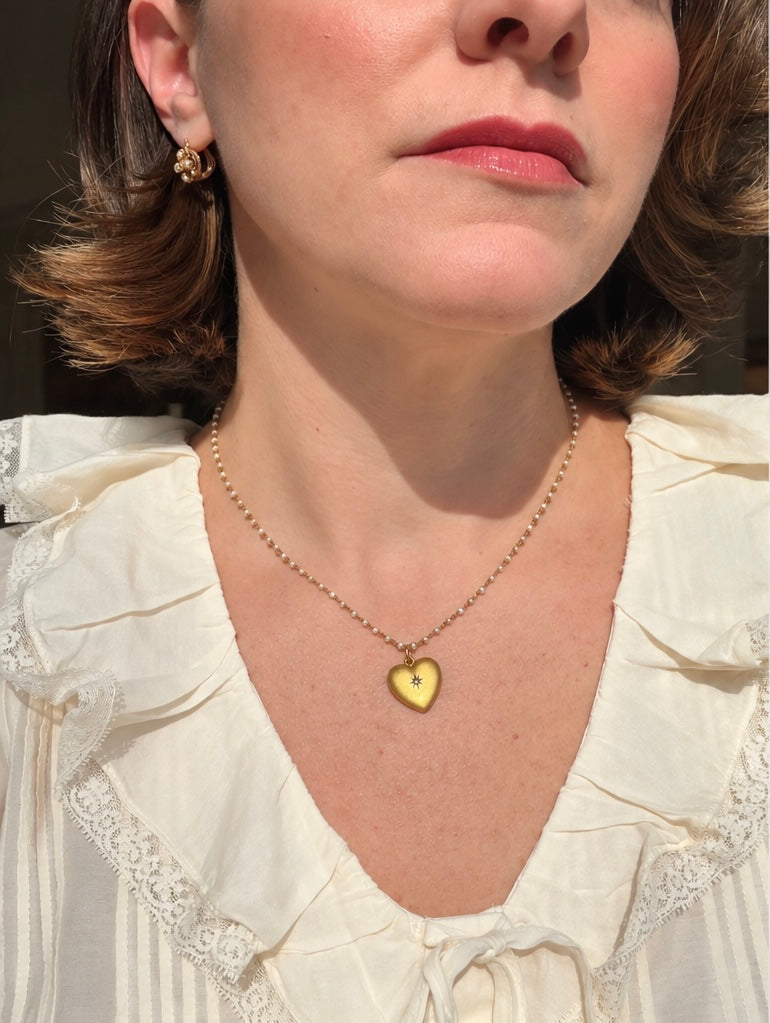 Victorian Seed Pearl & 14K Gold Heart Necklace with Diamond Accent, Antique Pearl Chain