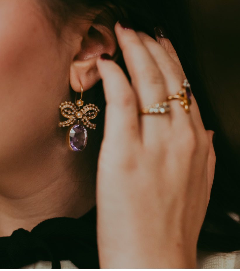 My Darling Juliet | Early Victorian Lavender Amethyst & Seed Pearl Bow Earrings