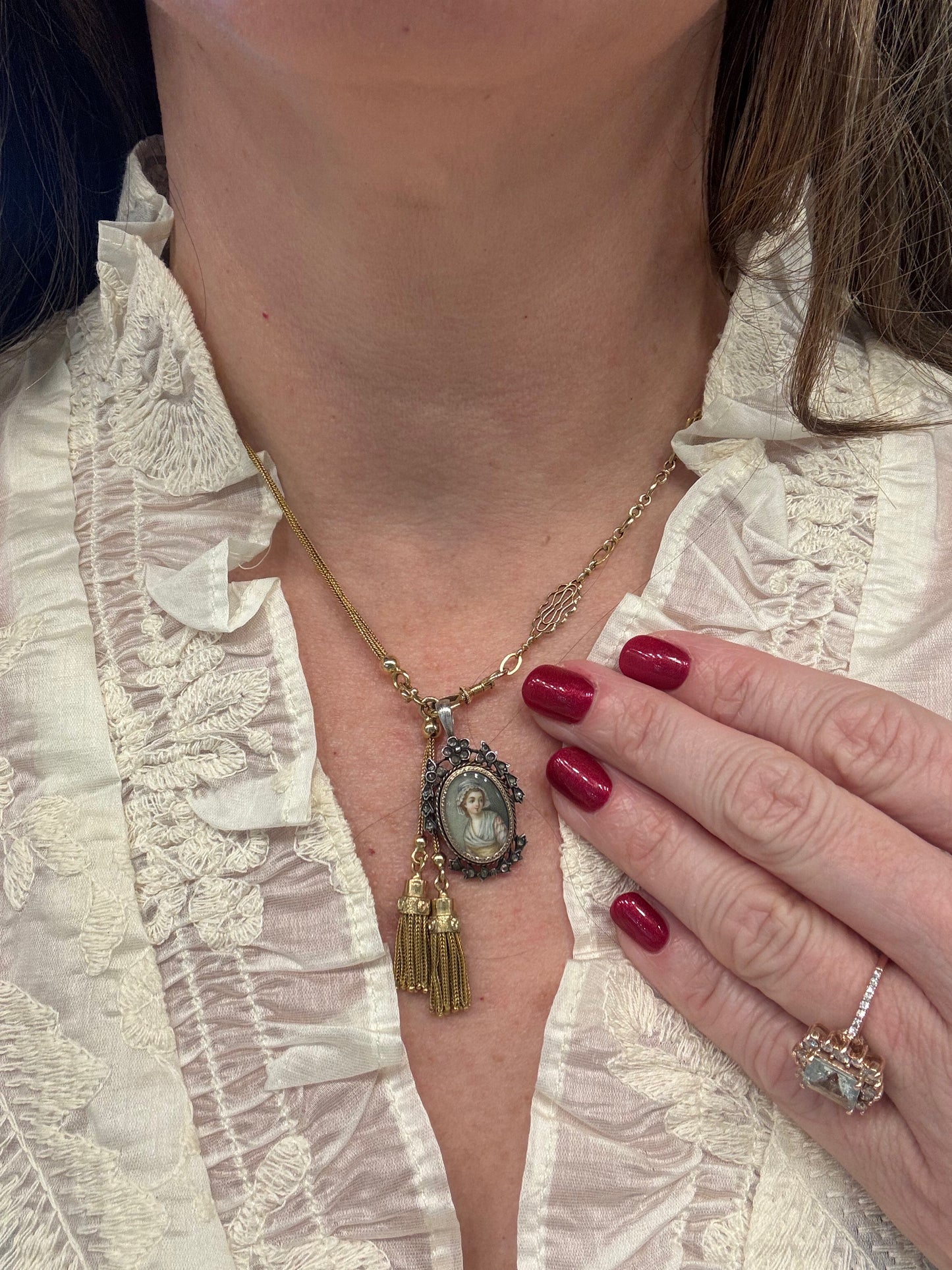 Exquisite Antique Miniature Portrait Pin / Pendant – 18K Gold & Silver with Rose Cut Diamonds – Found in France, Circa Early to Mid 1800s