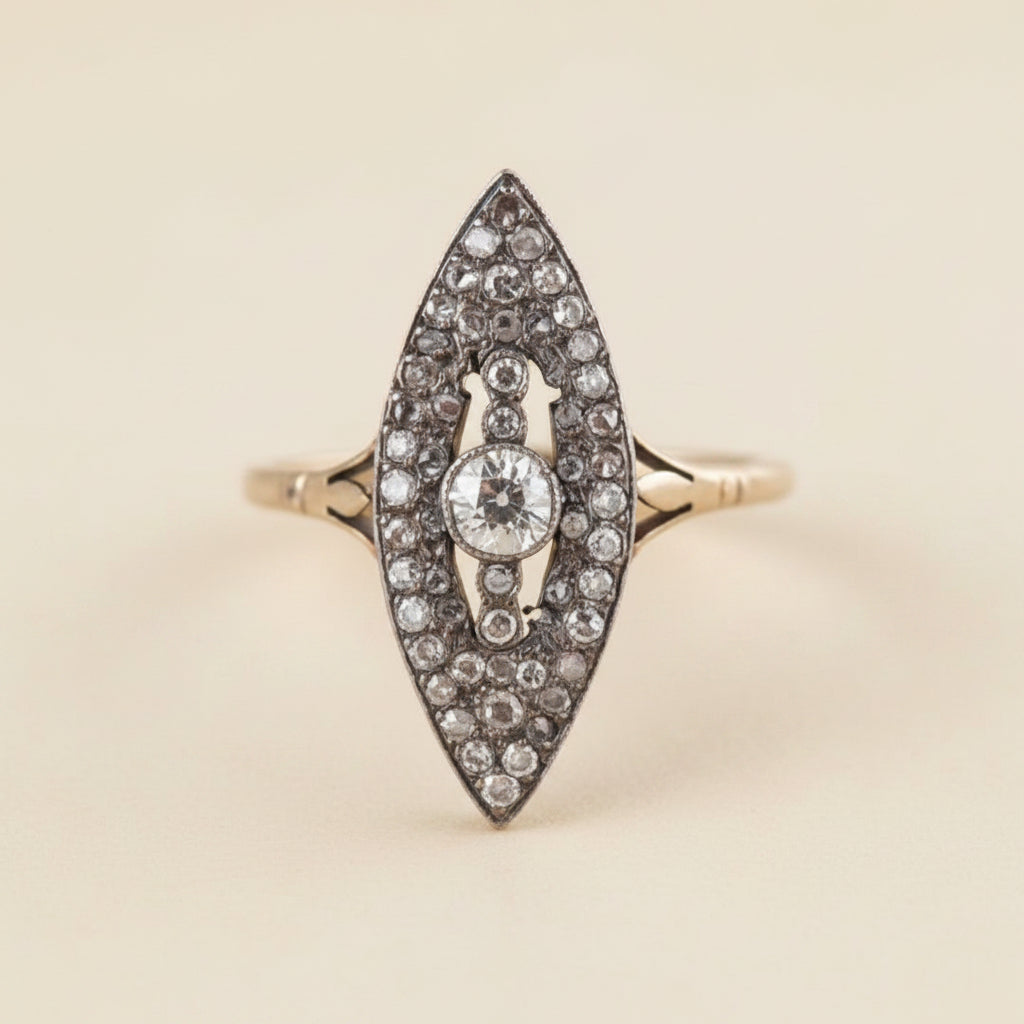 Antique Diamond Navette Ring | Old Mine Cut & Rose Cut Diamonds in 14K Gold & Platinum | Circa 1895–1910