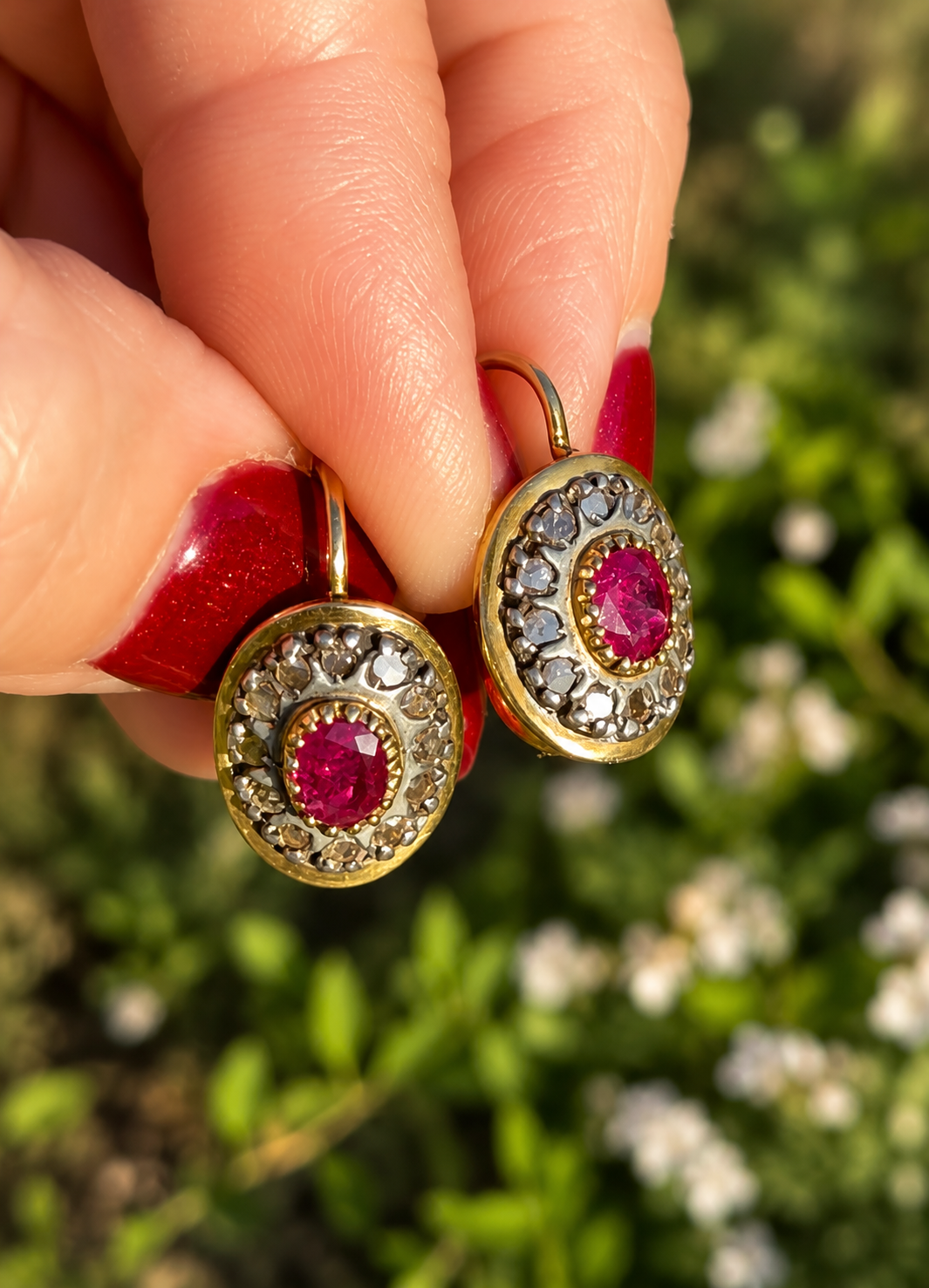Antique (Circa 1880-1900) Ruby & Rose Cut Diamond Earrings in 14K Gold | Silver-Topped Italian Estate Earrings