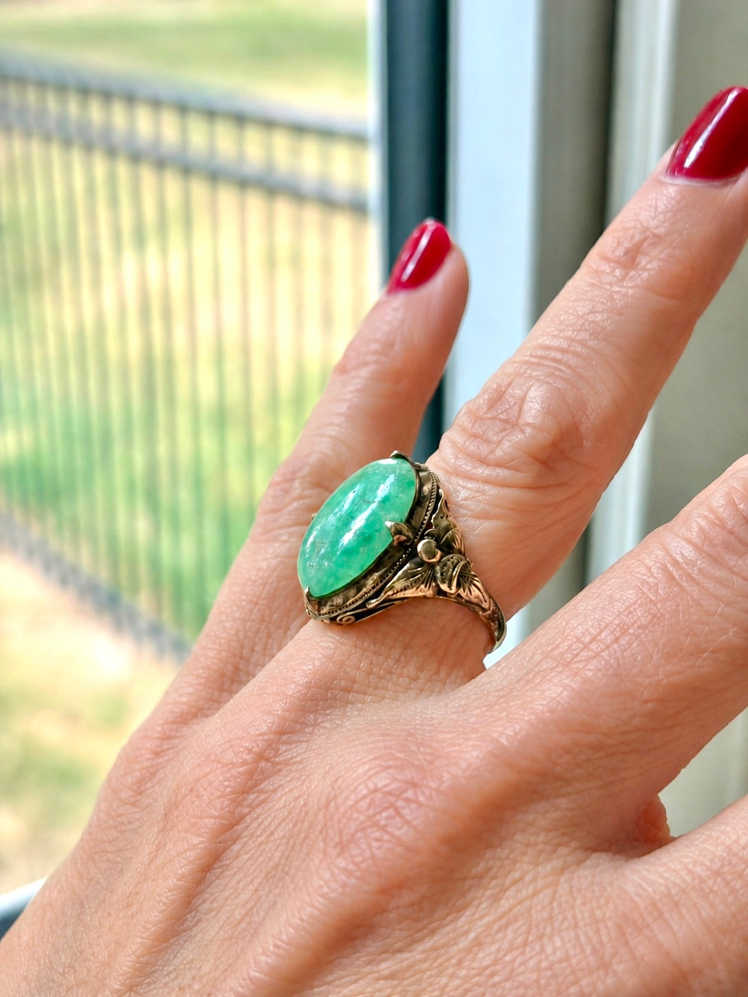 Vintage 14K Gold Natural Jade Ring | Art Nouveau Revival | 1930s–1940s