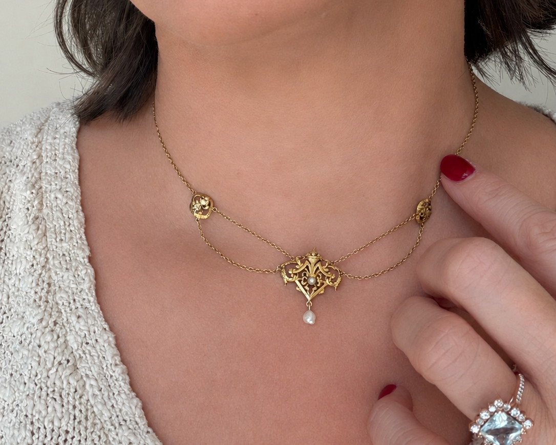 Antique French 18K Gold Festoon Necklace | Seed Pearl & Baroque Pearl Drop | Belle Époque