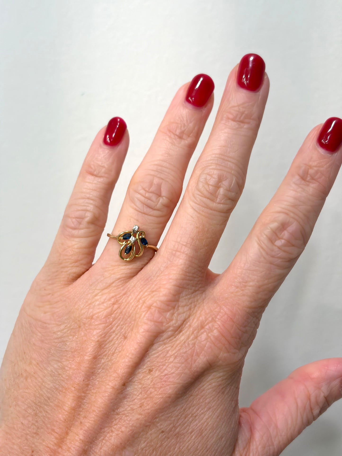 Vintage 14K Gold Sapphire & Diamond Ring | Asymmetrical Floral Design