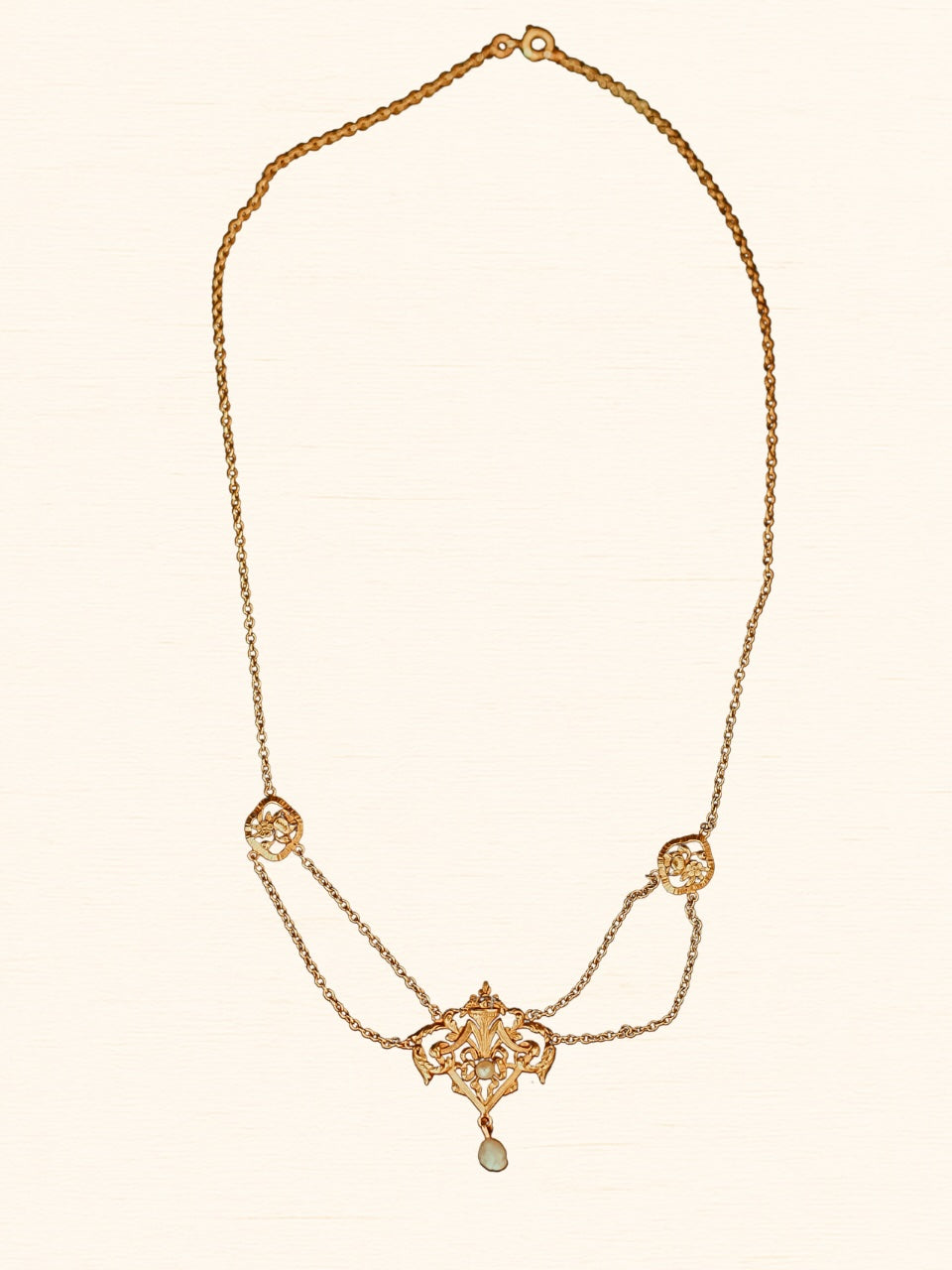 Antique French 18K Gold Festoon Necklace | Seed Pearl & Baroque Pearl Drop | Belle Époque