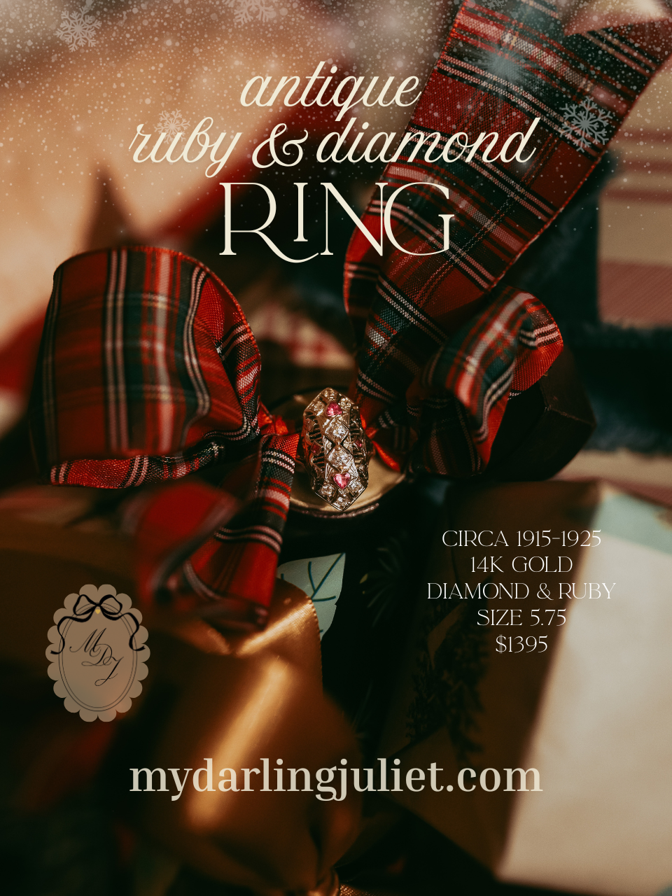 My Darling Juliet | Antique Edwardian–Art Deco Natural Ruby & Diamond Navette Filigree Ring in 14K White Gold