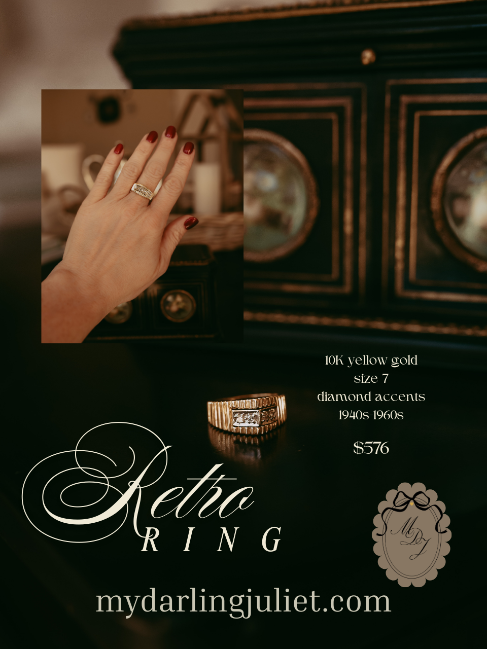 Vintage Retro 10K Gold Diamond Ring | Ridged Mid-Century Modern Design