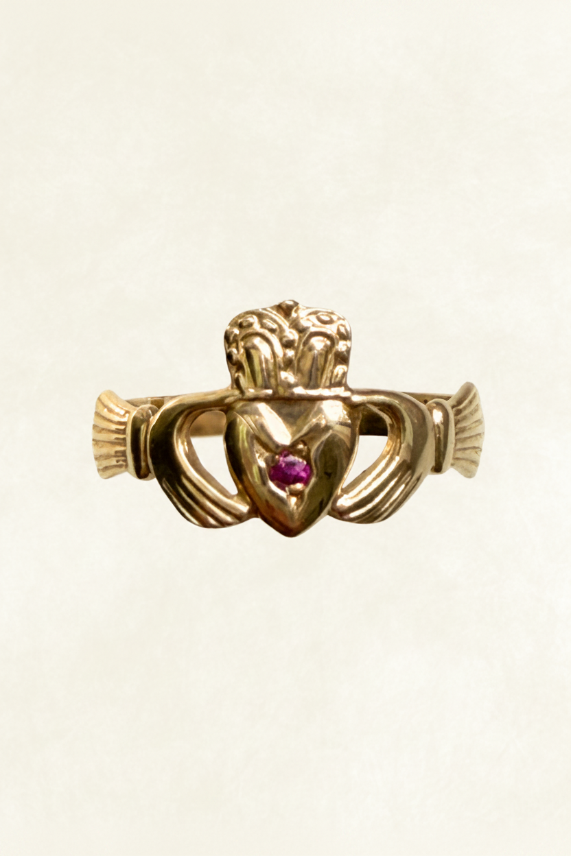 Vintage Irish Claddagh Ring | 9K Gold Ruby Heart | Size 4 Pinky Ring